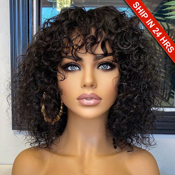 Stoc Remy Hair Short With Bangs Curly Style Machine Made Wigs